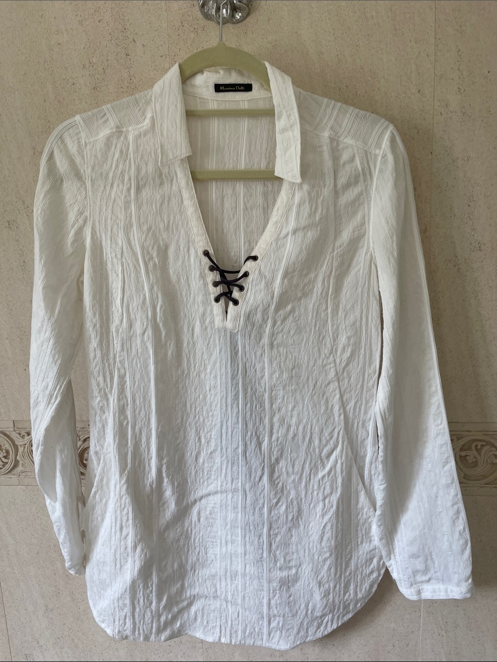 Massimo Dutti White Lace-Up Collared Long Sleeve Tunic